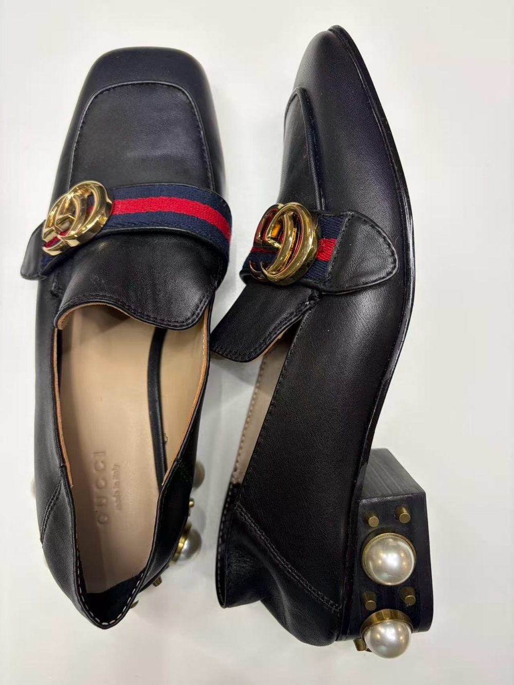 Gucci Black Leather Loafers with Red & Blue Web and Gold Double-G